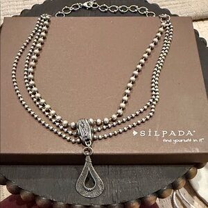 Silpada Silver-Tone Triple Strand Beaded Necklace with Teardrop Pendant